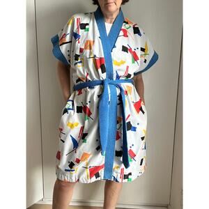 Vintage 80s Unisex Robe Terry Cloth Geo Print Size Medium Womens Quirky Fun